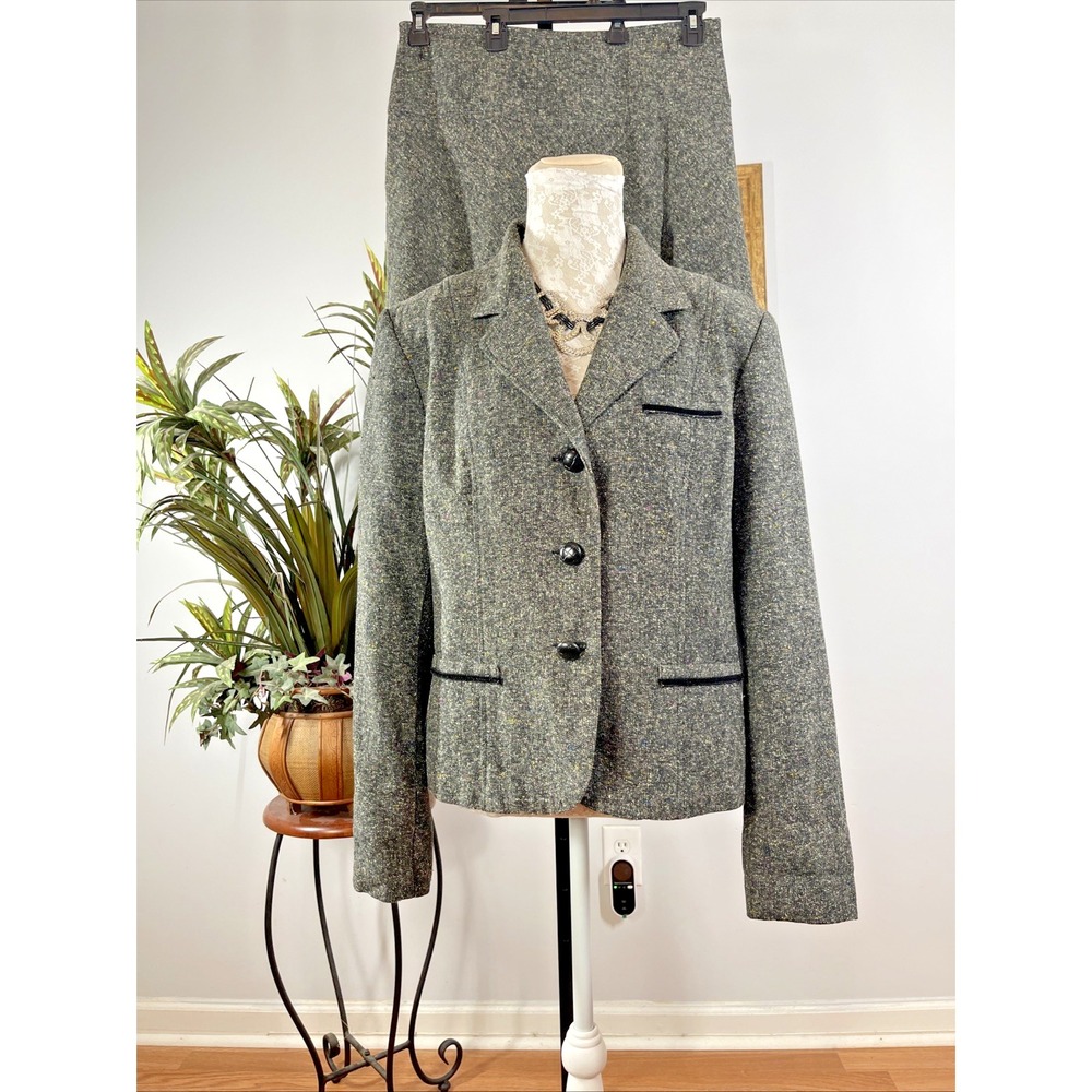 George Womens 14 Gray Tweed Skirt Suit Blazer Wool Blend 2 Piece Career Classic